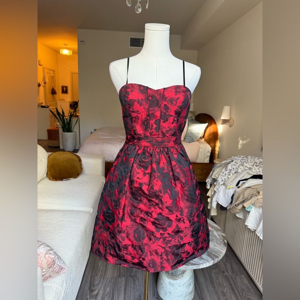 Aqua red and black floral print fit and flare cocktail mini dress size 4